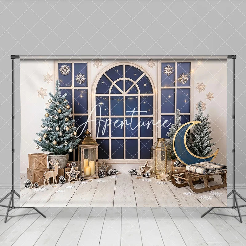 Aperturee - Aperturee Cozy Winter Window Holiday Backdrop Christmas Tree and Wooden Sled Photo Background for Party Decor
