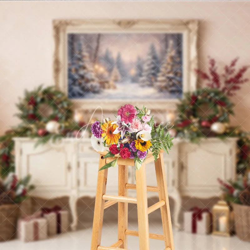 Aperturee - Aperturee Cozy Winter Wonderland Holiday Backdrop Decorated Christmas Trees Snowy Forest Painting and Festive Garlands