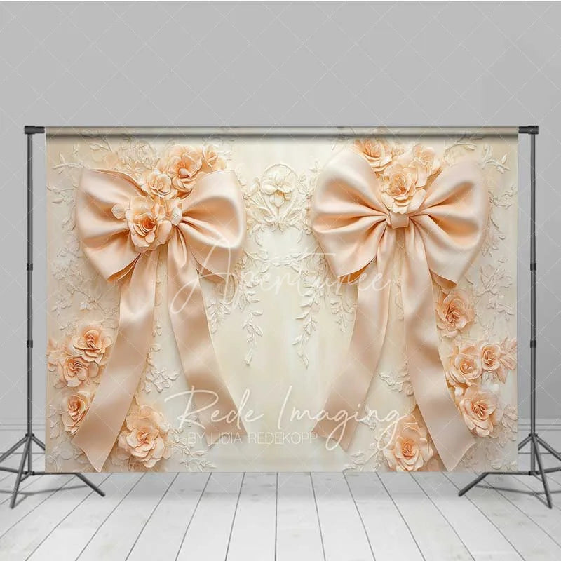 Aperturee - Aperturee Cream Beige Bow 3D Floral Photography Backdrop Luxury Wedding Relief Flower Background