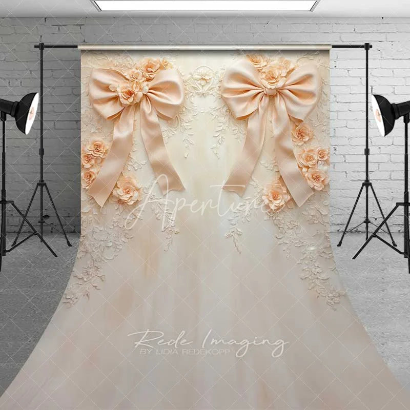 Aperturee - Aperturee Cream Beige Bow 3D Floral Sweep Photography Backdrop Luxury Wedding Relief Flower Floor Photo Background