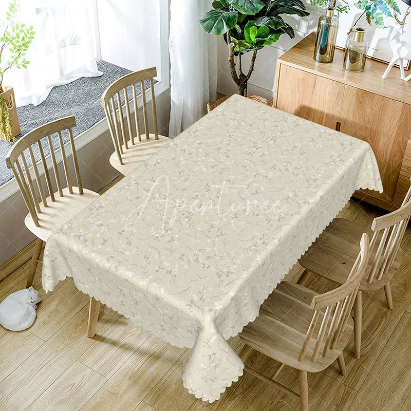 Aperturee - Aperturee Cream Beige Floral Rectangle Tablecloth Simple White Branch Pattern for Farmhouse Kitchen Dining Decor