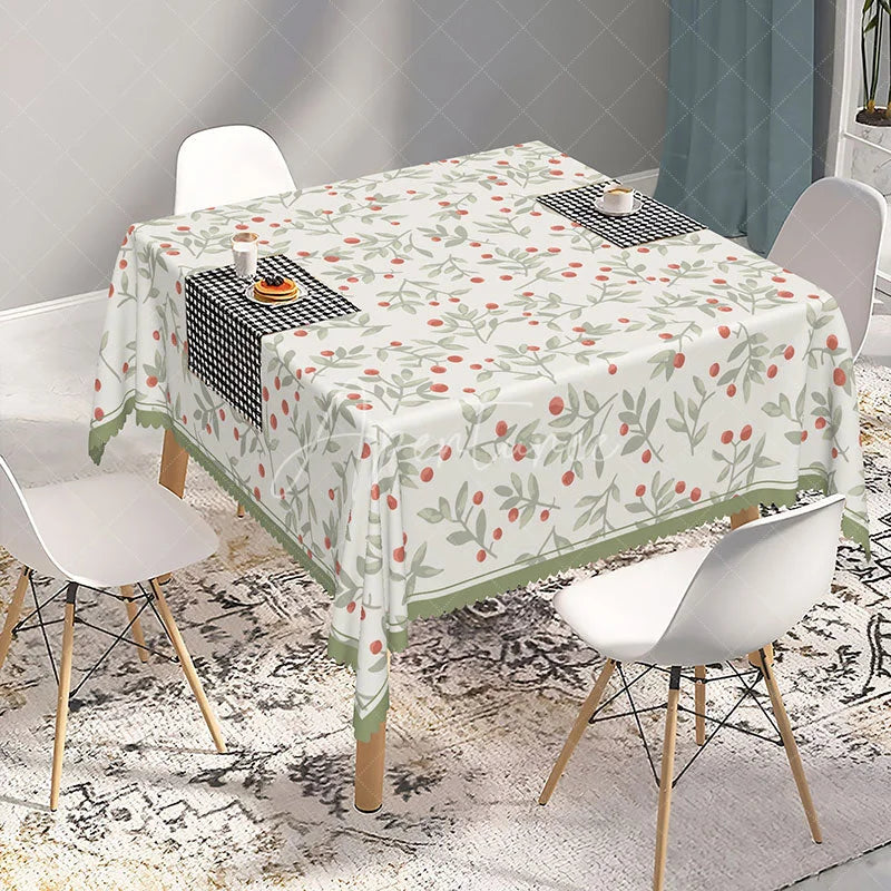 Aperturee - Aperturee Cream Botanical Rectangle Tablecloth with Red Berries and Green Leaves Elegant Scalloped Edge Dining Decor