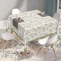 Aperturee - Aperturee Cream Botanical Rectangle Tablecloth with Red Berries and Green Leaves Elegant Scalloped Edge Dining Decor