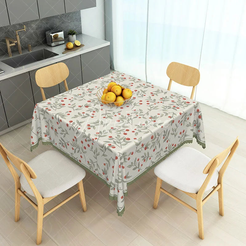 Aperturee - Aperturee Cream Botanical Rectangle Tablecloth with Red Berries and Green Leaves Elegant Scalloped Edge Dining Decor