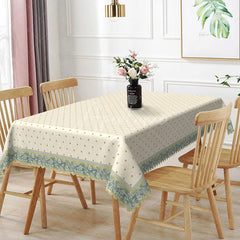 Aperturee - Aperturee Cream Dotted Pattern Teal Floral Border Rectangle Tablecloth Elegant Dining Decor Washable Kitchen Table Cover