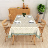 Aperturee - Aperturee Cream Dotted Pattern Teal Floral Border Rectangle Tablecloth Elegant Dining Decor Washable Kitchen Table Cover