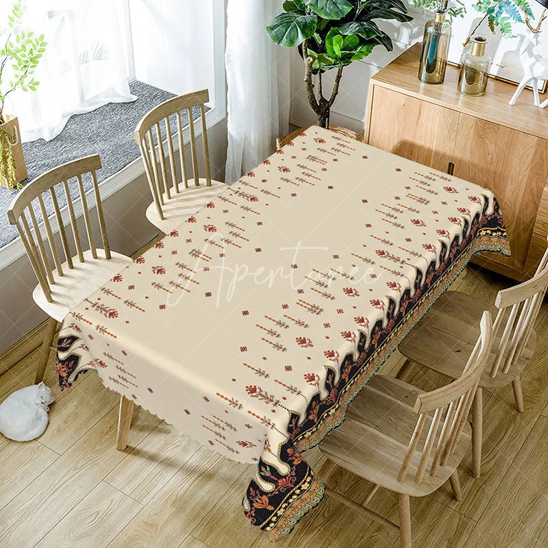 Aperturee - Aperturee Cream Ethnic Boho Border Rectangle Tablecloth Red Orange Tribal Pattern Traditional Dining Table Cover Decoration
