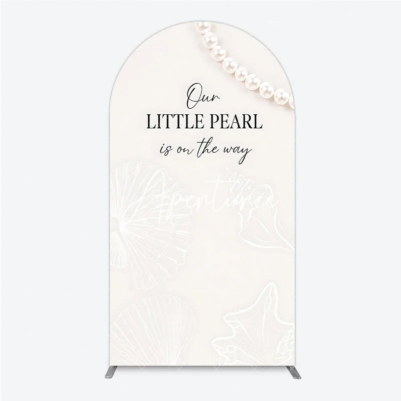 Aperturee - Aperturee Cream White Little Pearl is on the Way Round Top Arch Backdrop Elegant Baby Shower Ocean Theme Decor