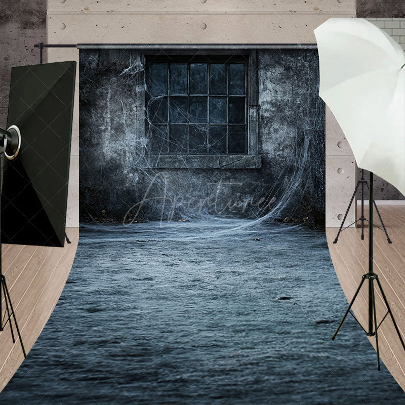 Aperturee - Aperturee Creepy Window with Spiderwebs Sweep Backdrop Grungy Haunted House Wall Spooky Halloween Themed Portraits