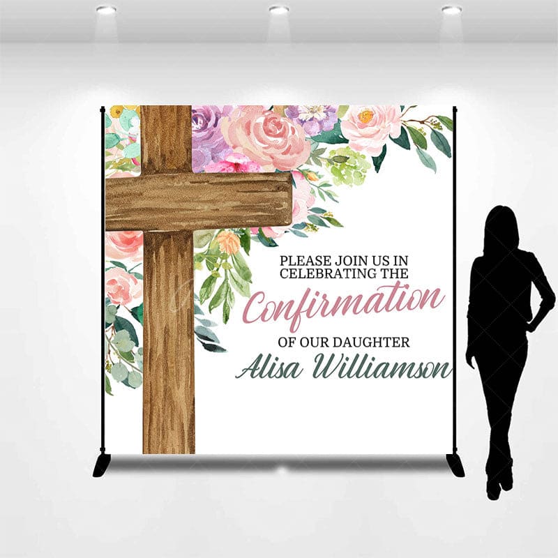 Aperturee - Aperturee Cross Floral Custom Name Confirmation Day Backdrop