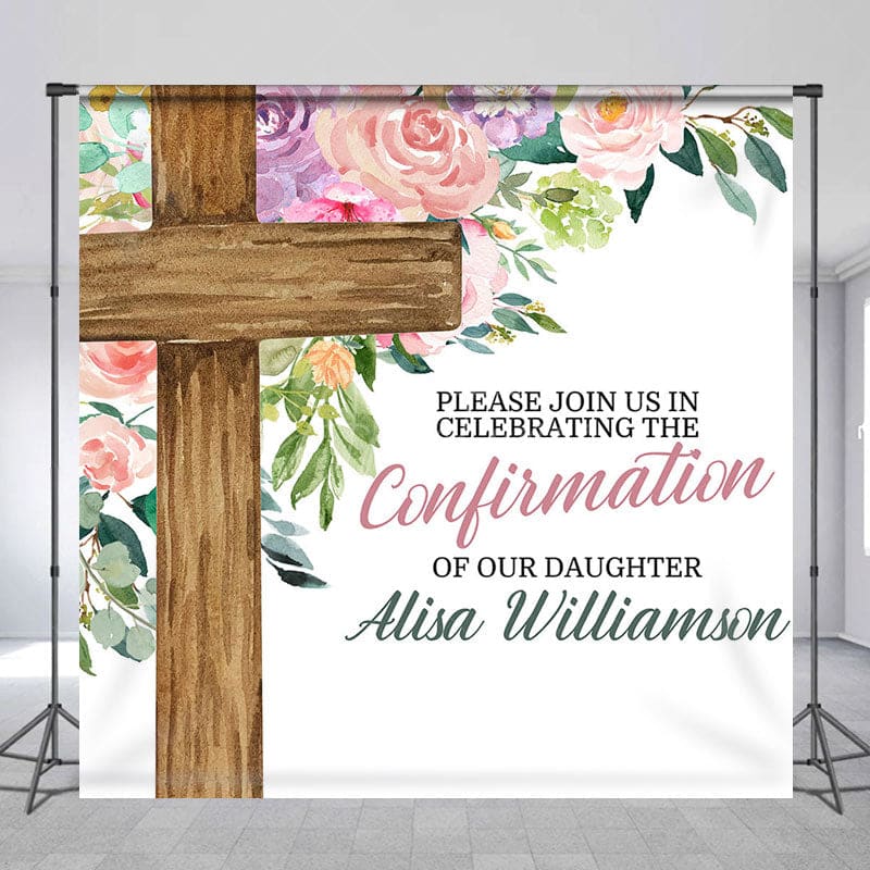 Aperturee - Aperturee Cross Floral Custom Name Confirmation Day Backdrop