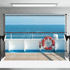 Aperturee - Aperturee Cruise Ship Deck Summer Backdrop Red Life Ring and Blue Ocean View Photo Background for Vacation Party