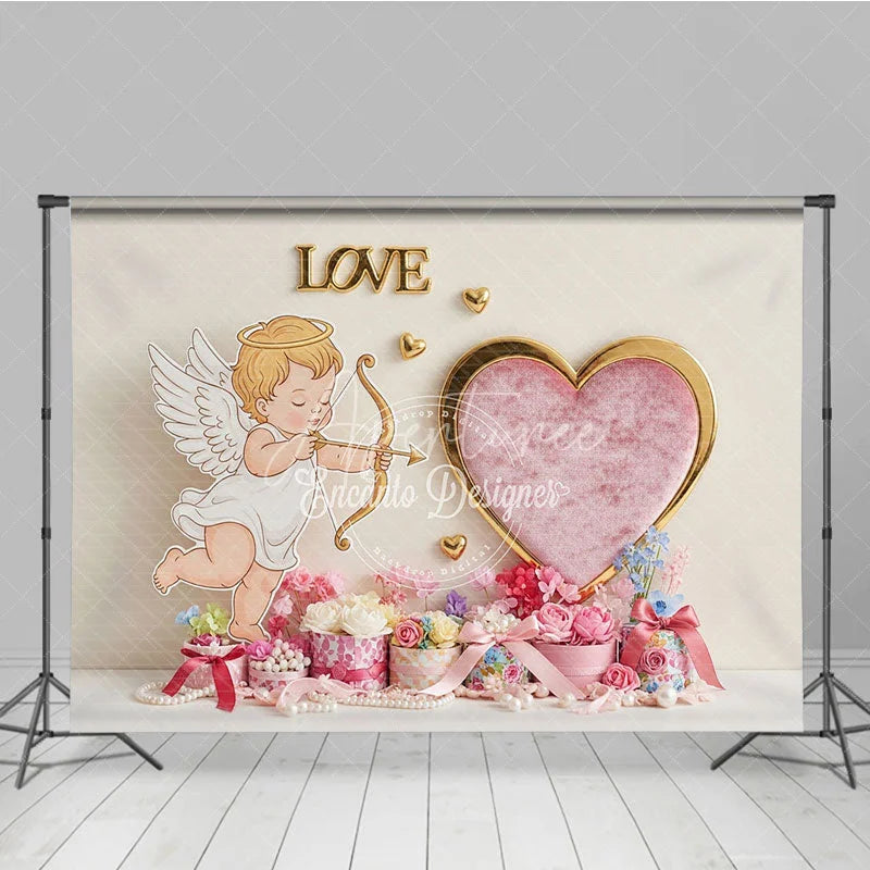 Aperturee - Aperturee Cupid Angel Love Heart Backdrop Gold Frame Pearl Floral Background Valentine Day Photography Prop