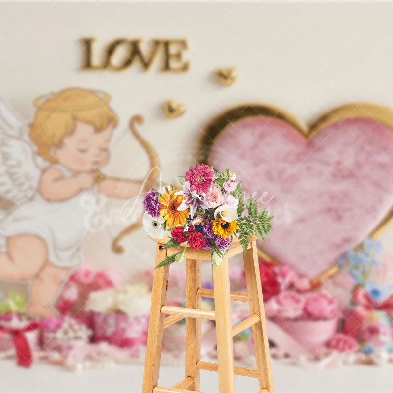 Aperturee - Aperturee Cupid Angel Love Heart Backdrop Gold Frame Pearl Floral Background Valentine Day Photography Prop