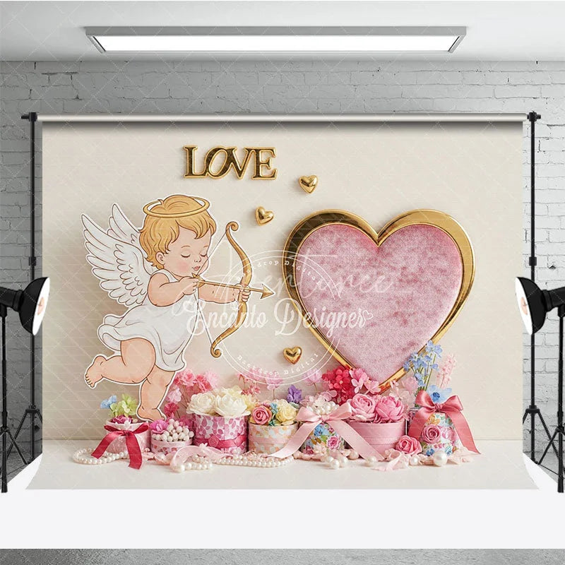 Aperturee - Aperturee Cupid Angel Love Heart Backdrop Gold Frame Pearl Floral Background Valentine Day Photography Prop