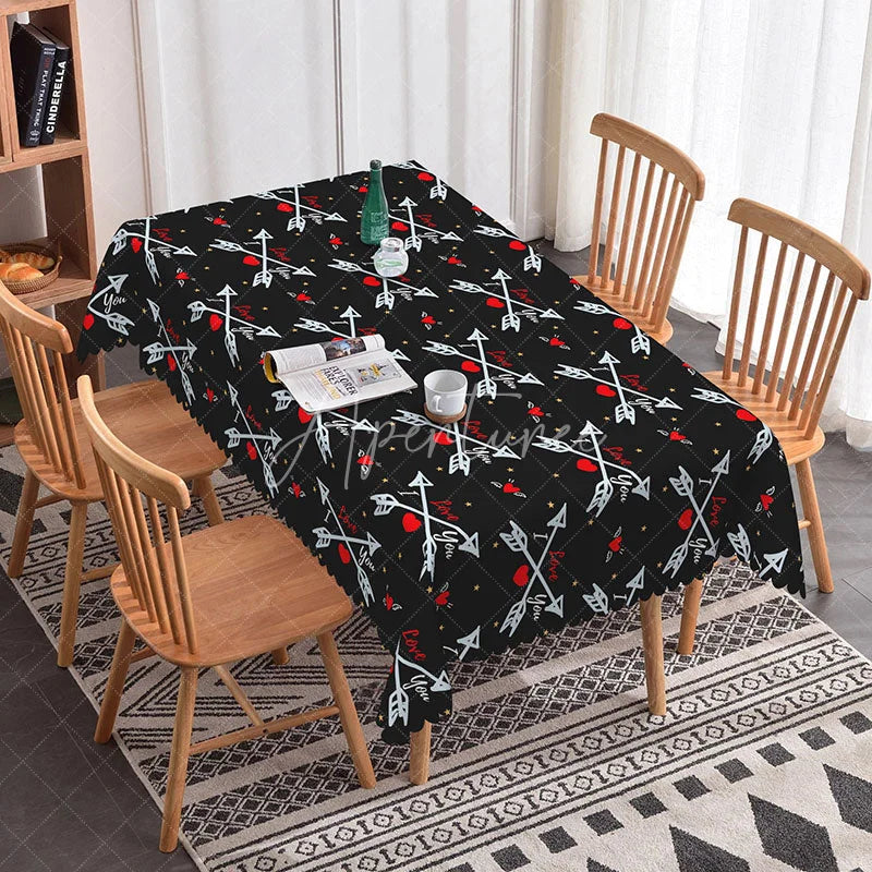 Aperturee - Aperturee Cupid Arrow Cross Rectangle Tablecloth I Love You Text on Black Romantic Valentine Kitchen Dining Decor