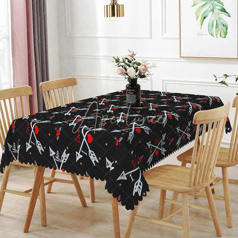 Aperturee - Aperturee Cupid Arrow Cross Rectangle Tablecloth I Love You Text on Black Romantic Valentine Kitchen Dining Decor