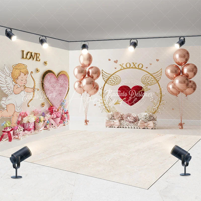 Aperturee - Aperturee Cupid Valentine’s Day Rose Gold Balloons Room Set Backdrop XOXO Heart Love Photography Background