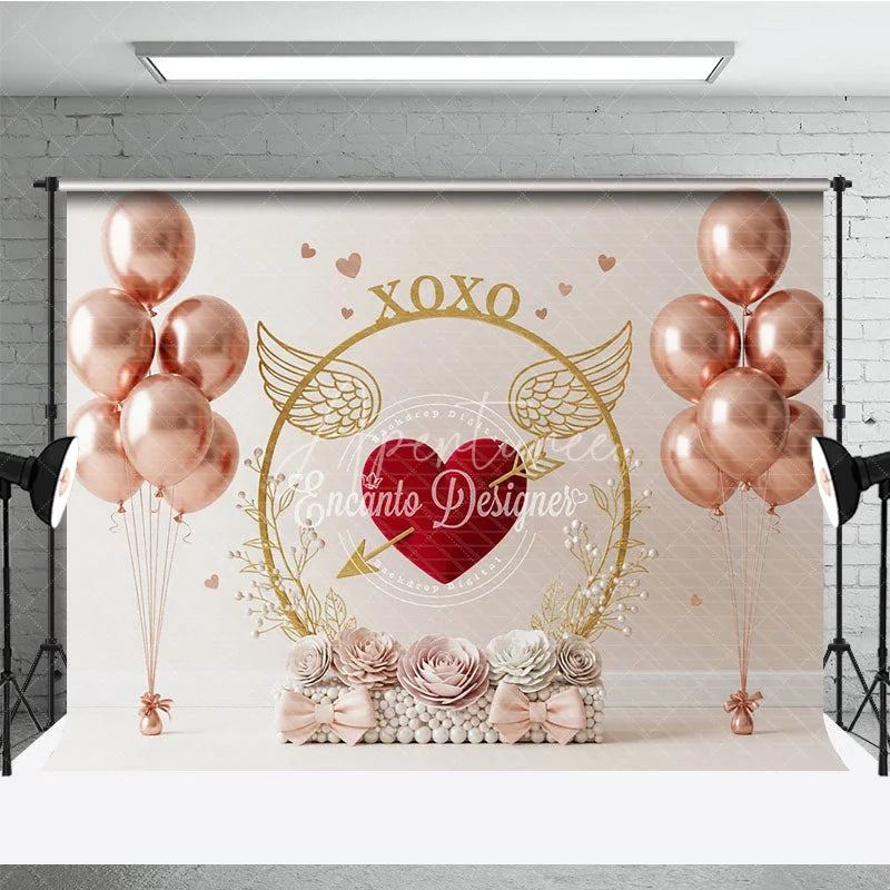Aperturee - Aperturee Cupid Valentine’s Day Rose Gold Balloons Room Set Backdrop XOXO Heart Love Photography Background