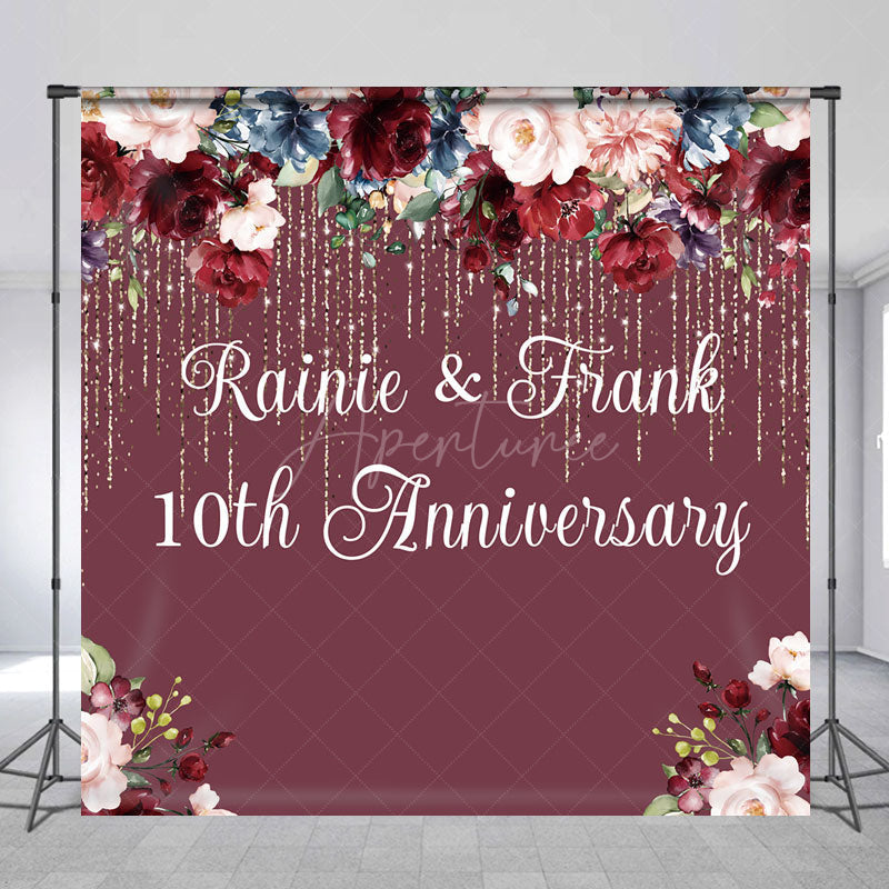 Aperturee Aperturee Custom 10th Anniversary Party Backdrop Burgundy and Blush Floral with Gold Glitter Personalized Wedding Decor
