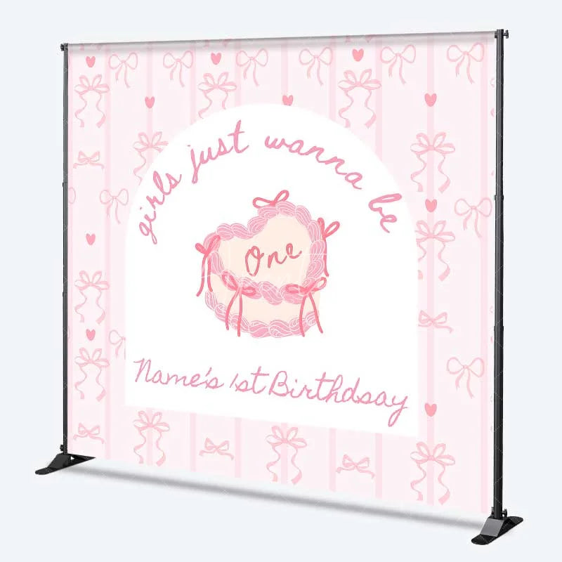 Aperturee - Aperturee Custom 1st Birthday Backdrop Pink Bows Coquette Personalize Name Cute Heart Cake Ribbon Background Girl Party Prop