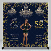 Aperturee Aperturee Custom 50 and Fabulous Birthday Photo Backdrop Elegant Navy and Gold with Chandeliers Personalized Party Decor
