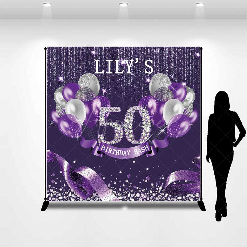 Aperturee Aperturee Custom 50th Birthday Bash Backdrop for Her Purple and Silver Glitter Balloons Fabulous Fifty Diamond Party Prop