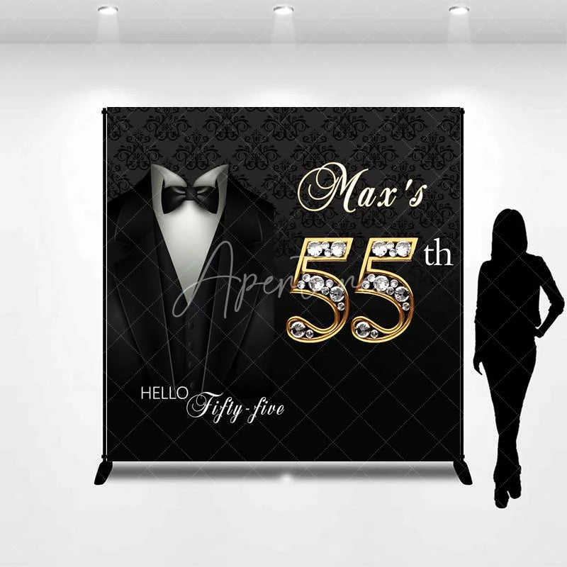 Aperturee - Aperturee Custom 55th Birthday Backdrop Black Tuxedo and Bow Tie with Gold Diamond Numbers Party Background