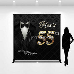 Aperturee - Aperturee Custom 55th Birthday Backdrop Black Tuxedo and Bow Tie with Gold Diamond Numbers Party Background
