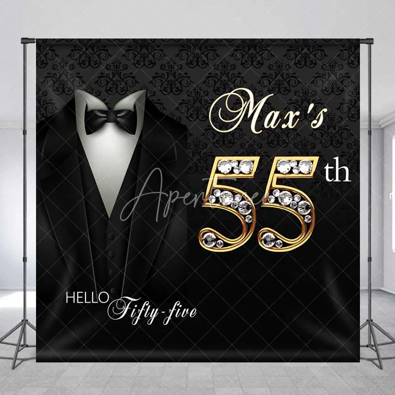 Aperturee - Aperturee Custom 55th Birthday Backdrop Black Tuxedo and Bow Tie with Gold Diamond Numbers Party Background