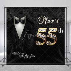 Aperturee - Aperturee Custom 55th Birthday Backdrop Black Tuxedo and Bow Tie with Gold Diamond Numbers Party Background