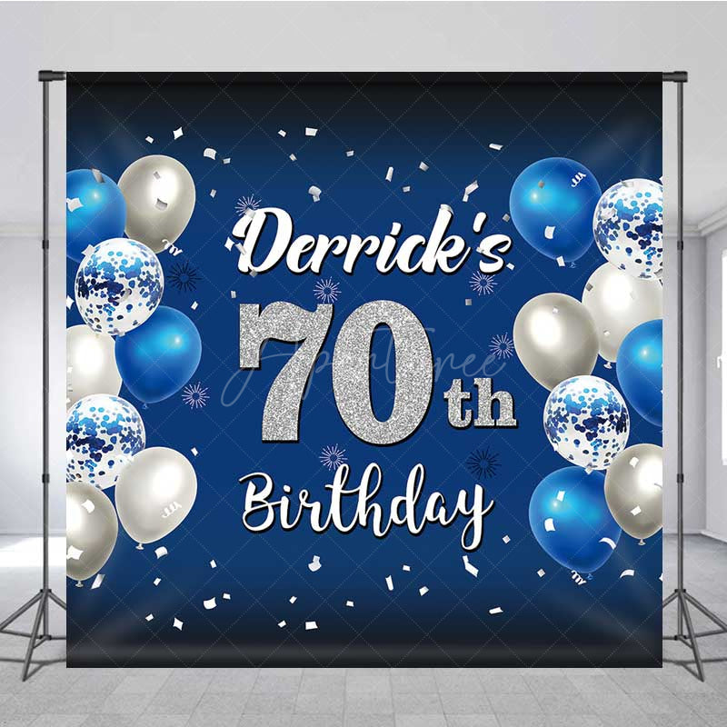 Aperturee Aperturee Custom 70th Birthday Backdrop Banner Royal Blue and Silver Balloons Personalized Milestone Party Photo Prop