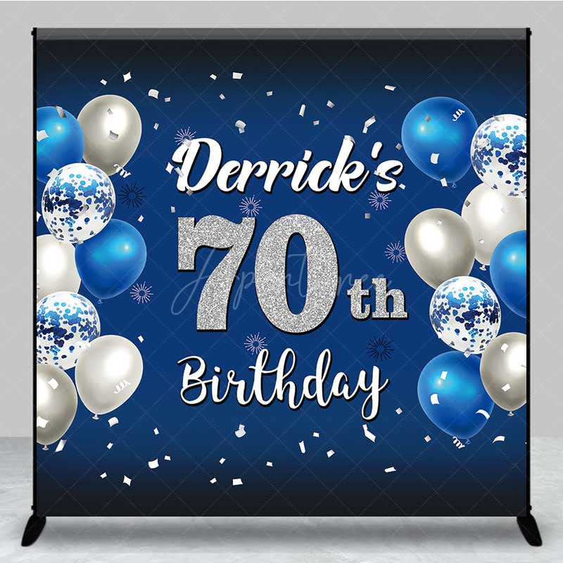 Aperturee Aperturee Custom 70th Birthday Backdrop Banner Royal Blue and Silver Balloons Personalized Milestone Party Photo Prop