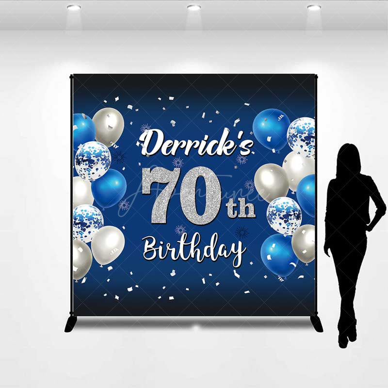 Aperturee Aperturee Custom 70th Birthday Backdrop Banner Royal Blue and Silver Balloons Personalized Milestone Party Photo Prop