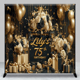 Aperturee Aperturee Custom 75th Birthday Backdrop for Her Black and Gold Balloons with Roses Elegant Milestone Party Photo Prop