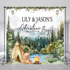 Aperturee Aperturee Custom Adventure Begins Baby Shower Backdrop Woodland Mountain and Teepee Personalized Camping Theme Welcome Sign