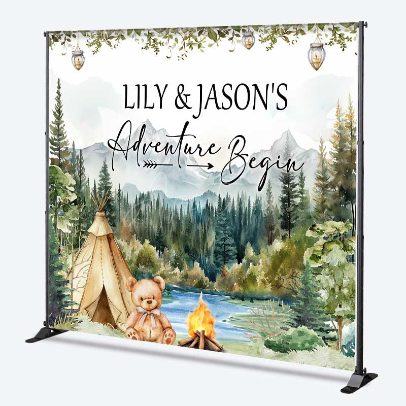 Aperturee Aperturee Custom Adventure Begins Baby Shower Backdrop Woodland Mountain and Teepee Personalized Camping Theme Welcome Sign