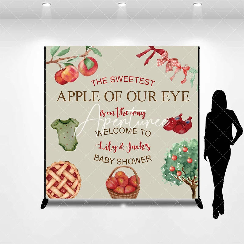 Aperturee - Aperturee Custom Apple of Our Eye Baby Shower Backdrop Personalized Welcome Sign with Watercolor Apples and Pie