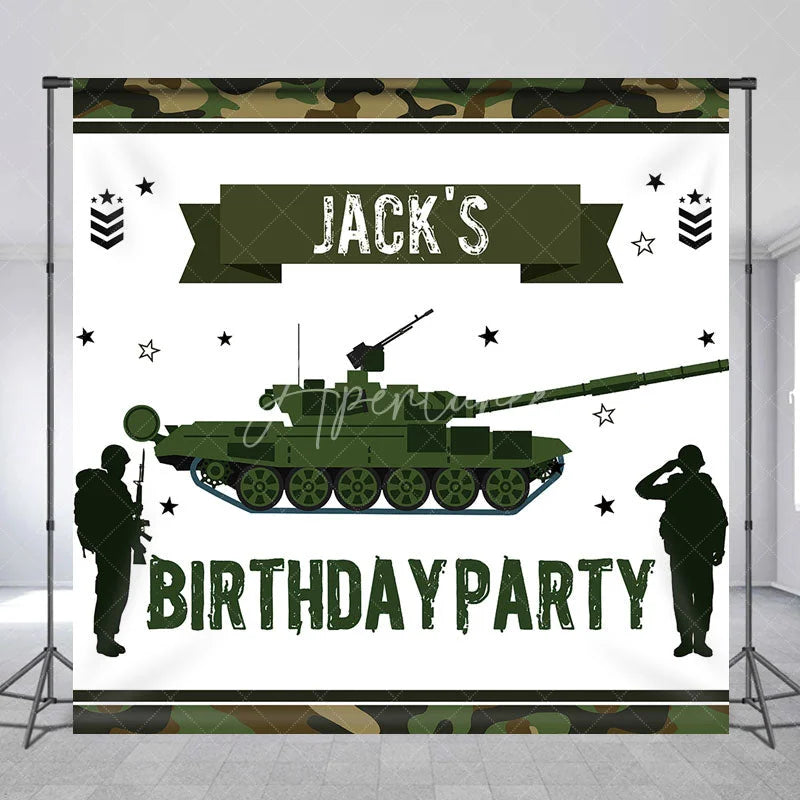 Aperturee - Aperturee Custom Army Military Tank Backdrop Personalized Soldier Birthday Party Decor with Your Name