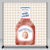 Aperturee - Aperturee Custom Baby’s First Birthday BBQ Sauce Bottle Backdrop featuring a Smiling Baby Face and The Baby is the Boss Slogan