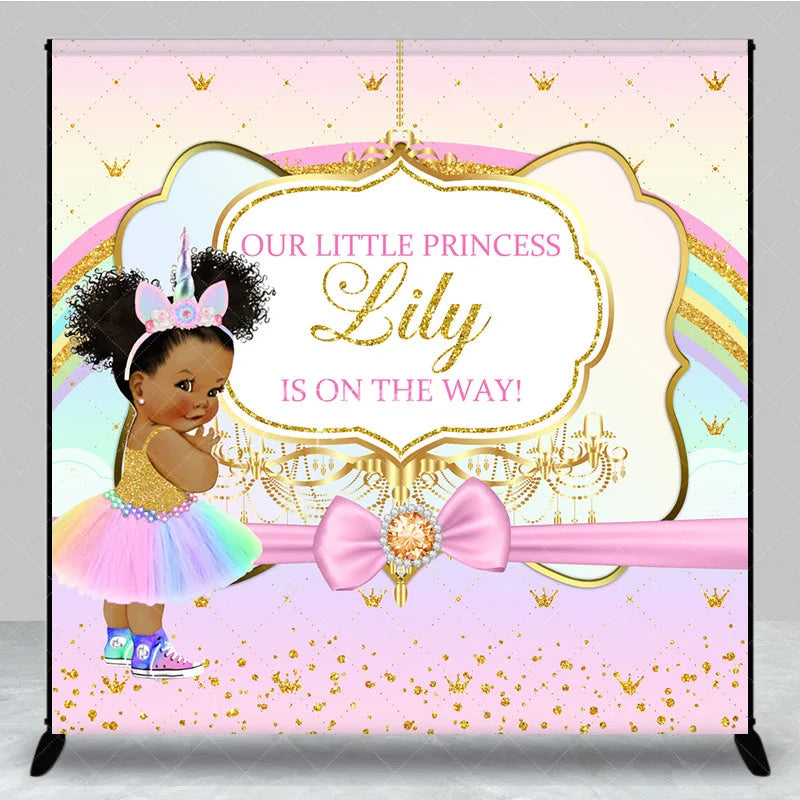 Aperturee - Aperturee Custom Baby Shower Backdrop African American Princess Unicorn Rainbow Gold Glitter