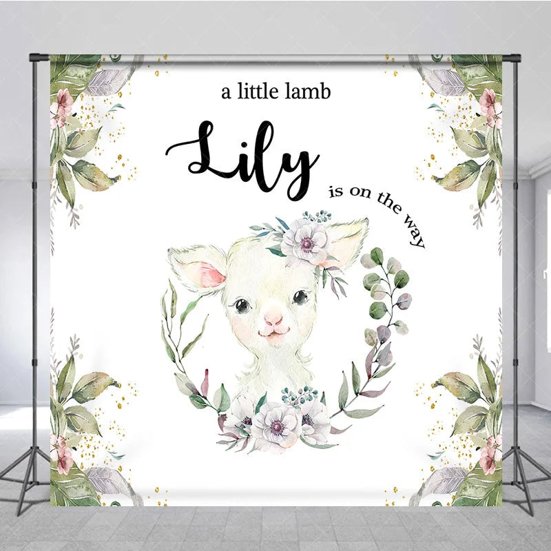 Aperturee - Aperturee Custom Baby Shower Backdrop Little Lamb Watercolor White Flower Greenery Farm Animal