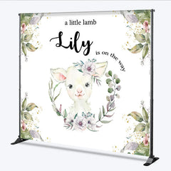 Aperturee - Aperturee Custom Baby Shower Backdrop Little Lamb Watercolor White Flower Greenery Farm Animal