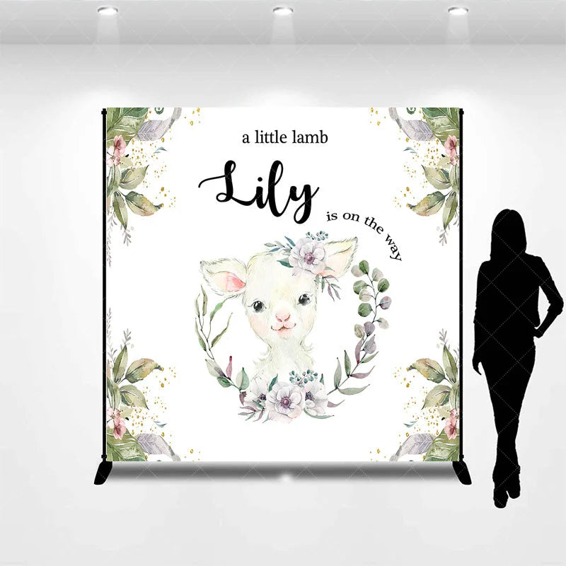 Aperturee - Aperturee Custom Baby Shower Backdrop Little Lamb Watercolor White Flower Greenery Farm Animal