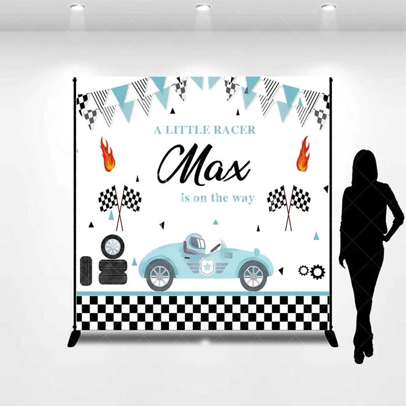 Aperturee - Aperturee Custom Baby Shower Backdrop Little Racer Blue Car Checkered Flag Decoration