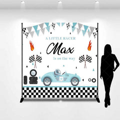 Aperturee - Aperturee Custom Baby Shower Backdrop Little Racer Blue Car Checkered Flag Decoration