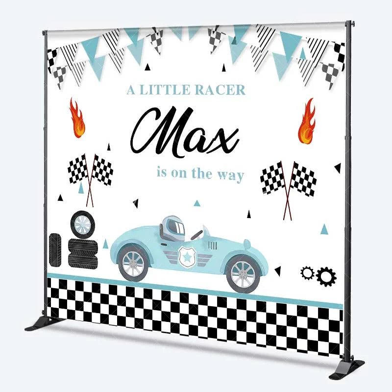 Aperturee - Aperturee Custom Baby Shower Backdrop Little Racer Blue Car Checkered Flag Decoration