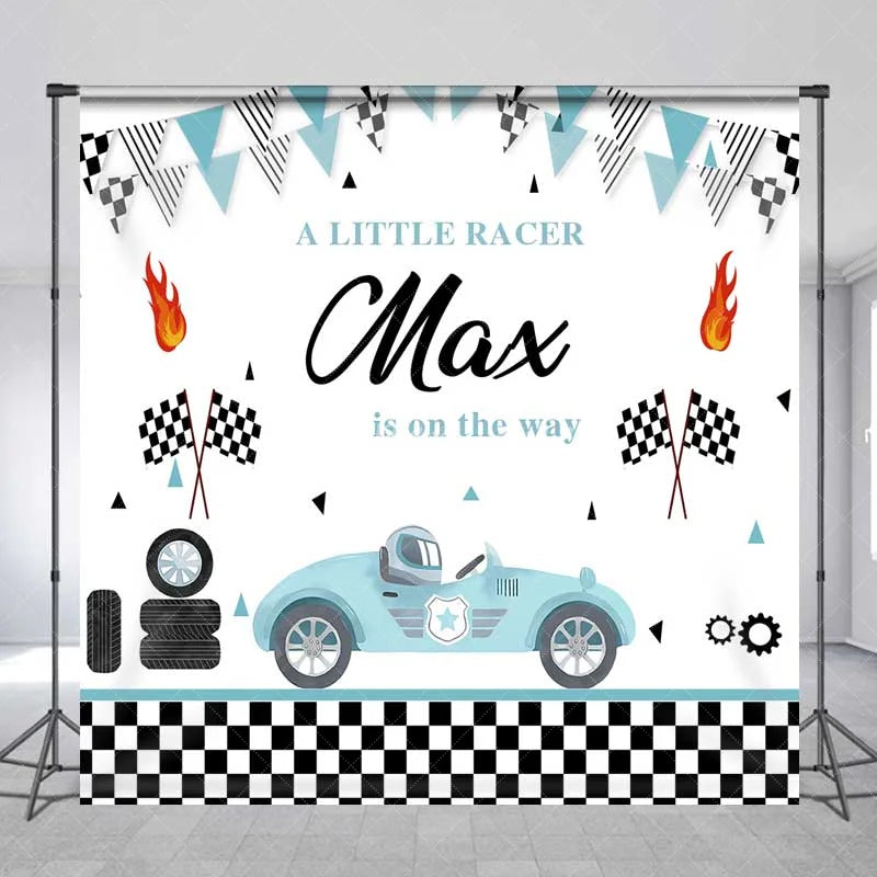 Aperturee - Aperturee Custom Baby Shower Backdrop Little Racer Blue Car Checkered Flag Decoration