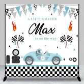 Aperturee - Aperturee Custom Baby Shower Backdrop Little Racer Blue Car Checkered Flag Decoration