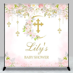 Aperturee - Aperturee Custom Baby Shower Backdrop with Golden Glitter Cross Floral Pink Roses and Crescent Moon Design for Baby’s